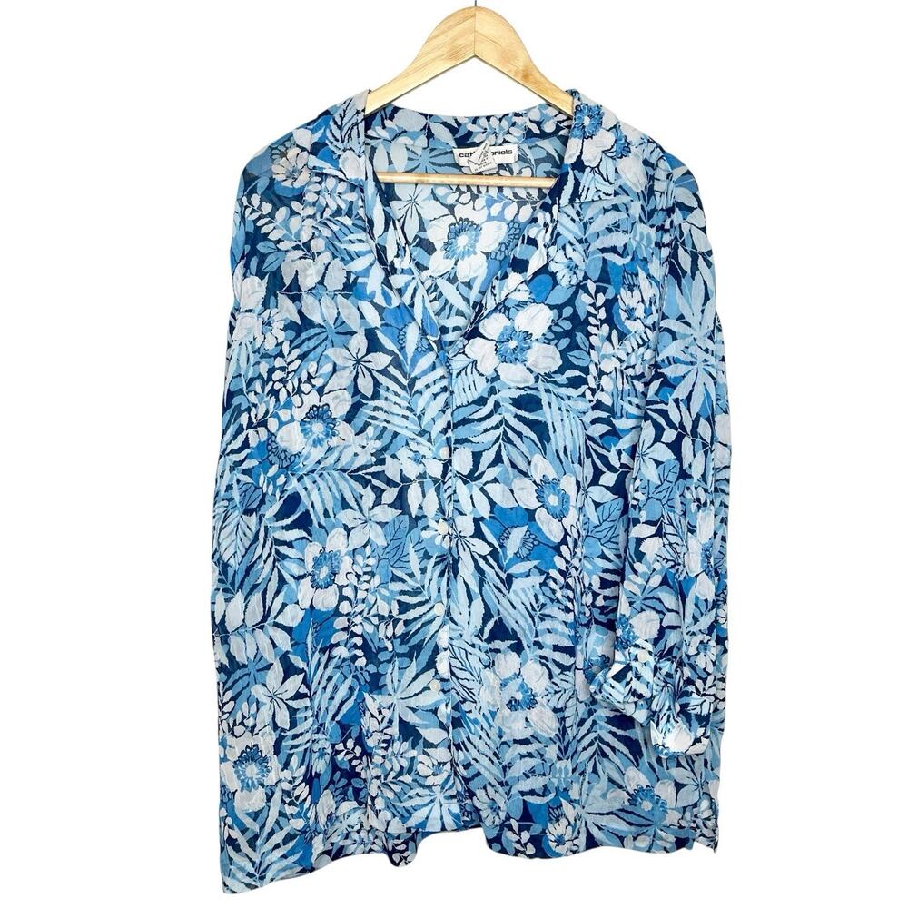Sheer Tropical Floral Top Blue Womens Size 1X Cathy Daniels Resort